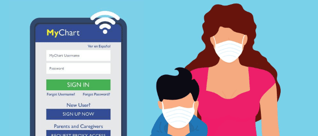 Masked mother and son using a MyChart account